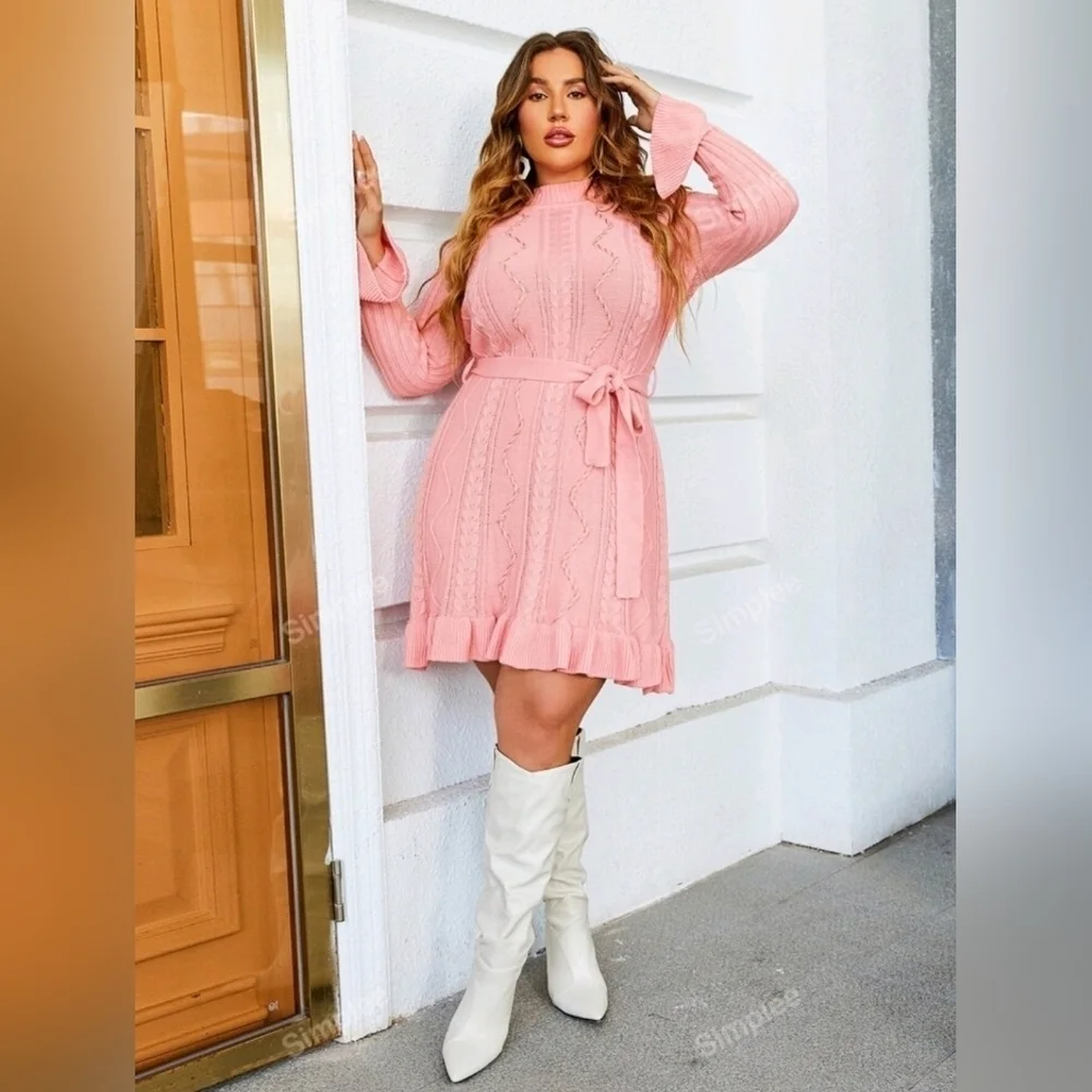 SHEIN Curve | Simplee Mock Neck Ruffle Hem Sweater Dress | Pink | 1XL | NWOT - Picture 1 of 11